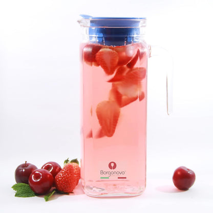 Borgonovo - JIgloo Quadra | Jarra vidrio con tapa 1L | Anti goteo | Tapa azul y asa | Cristalería Italiana para bebidas frías y calientes | Ideal para Refrigerador (Aqcua)