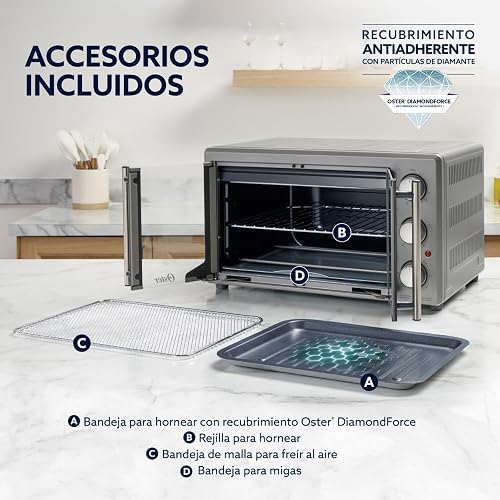 Oster Horno, con Freidora de Aire, de 42 L de Capacidad, con Interior Antiadherente, para Freír al Aire, Hornear, Asar, Tostar, Convección, Accesorios Incluidos, Color Gris, TSSTTV42FDMAFNS-013