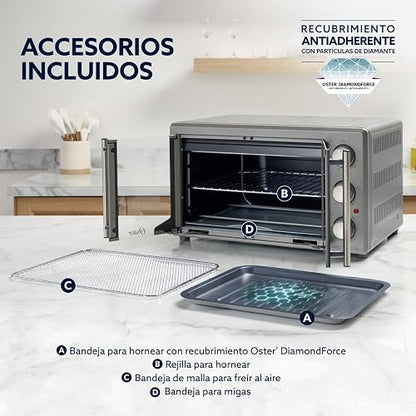 Oster Horno, con Freidora de Aire, de 42 L de Capacidad, con Interior Antiadherente, para Freír al Aire, Hornear, Asar, Tostar, Convección, Accesorios Incluidos, Color Gris, TSSTTV42FDMAFNS-013