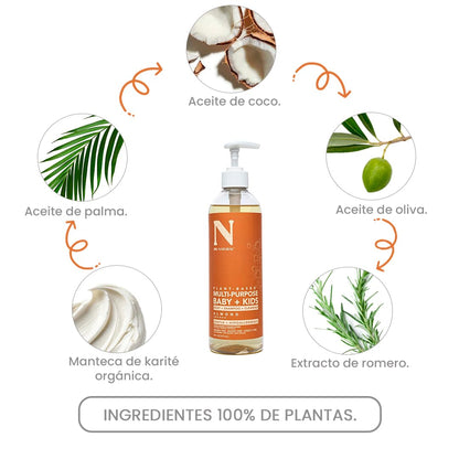 Dr. Natural Shampoo y Jabón Líquido para Cuerpo Bebés y Niños | Natural, Orgánico, Sin Sulfatos y Parabenos e Hipoalergénico | Hecho de Plantas Con Aceite de Oliva y Coco, Manteca de Karité y Romero (473 ml, Almendra)