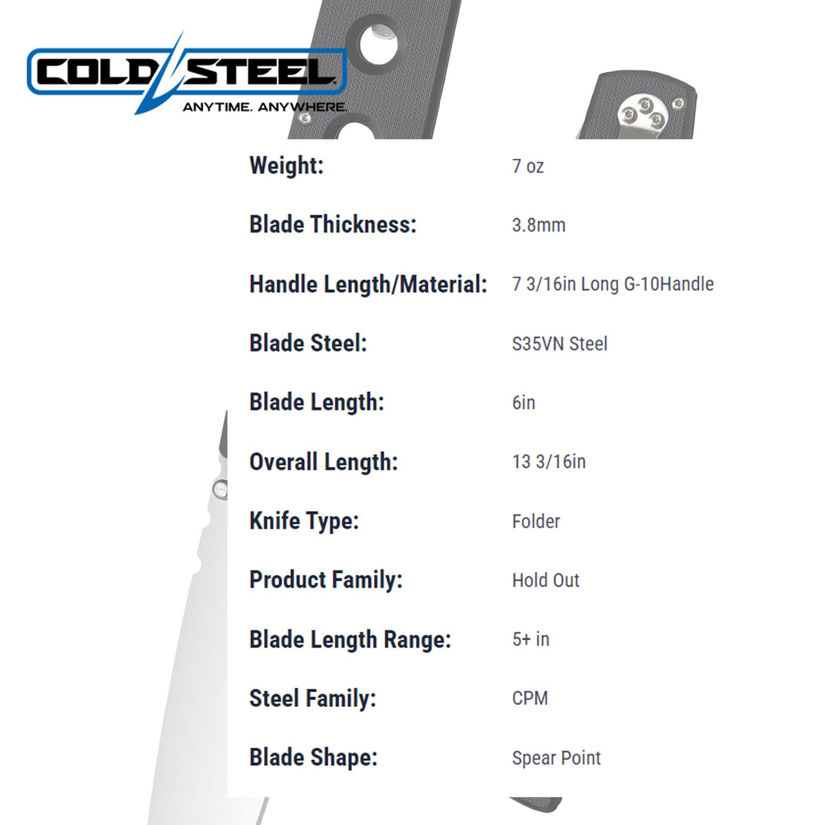 Cold Steel Hold out S35VN - Cuchilla Lisa de 18,24 cm, Mango G-10, Bolsillo de Transporte Diario, Cuchillo Plegable con Bloqueo de Triple Anuncio, Clip de Bolsillo