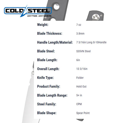 Cold Steel Hold out S35VN - Cuchilla Lisa de 18,24 cm, Mango G-10, Bolsillo de Transporte Diario, Cuchillo Plegable con Bloqueo de Triple Anuncio, Clip de Bolsillo