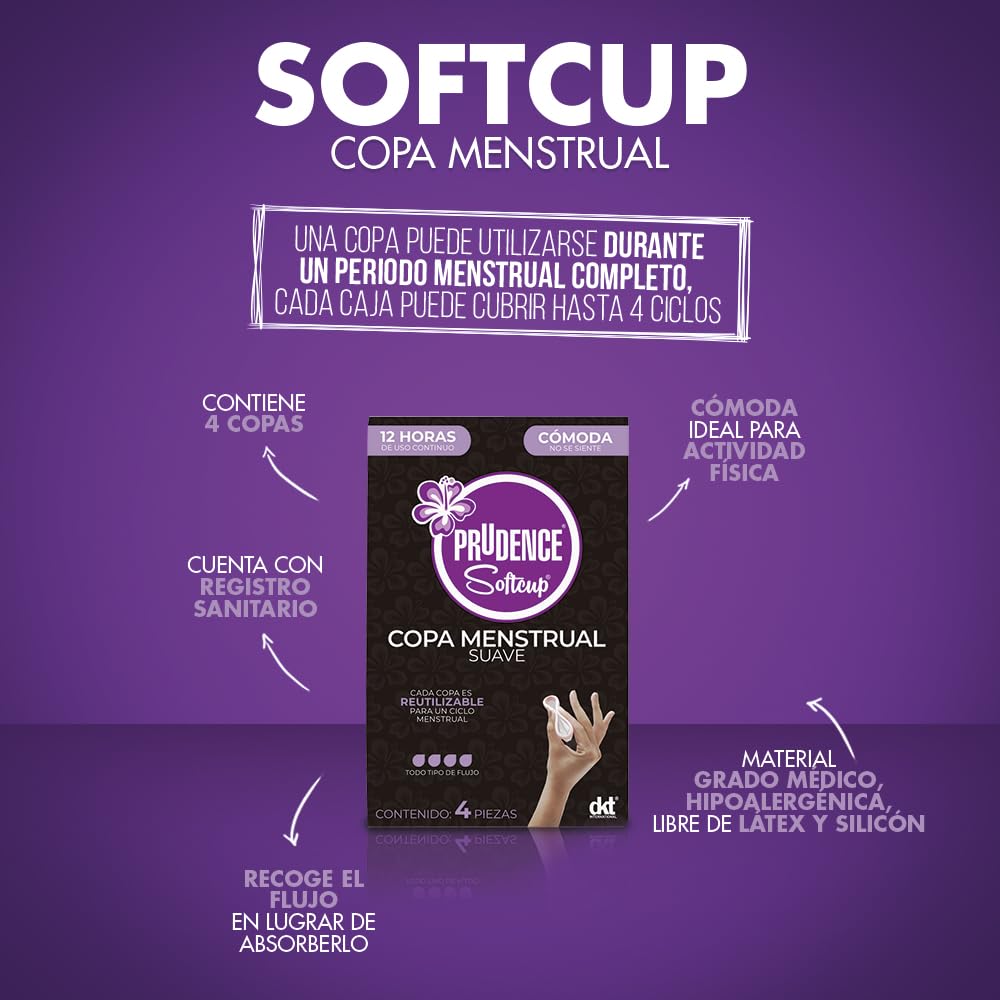 PRUDENCE Copa Menstrual Suave Reutilizable – Protección Íntima Cómoda hasta 12 Horas, Sin Látex – Caja con 4 Copas