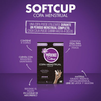 PRUDENCE Copa Menstrual Suave Reutilizable – Protección Íntima Cómoda hasta 12 Horas, Sin Látex – Caja con 4 Copas