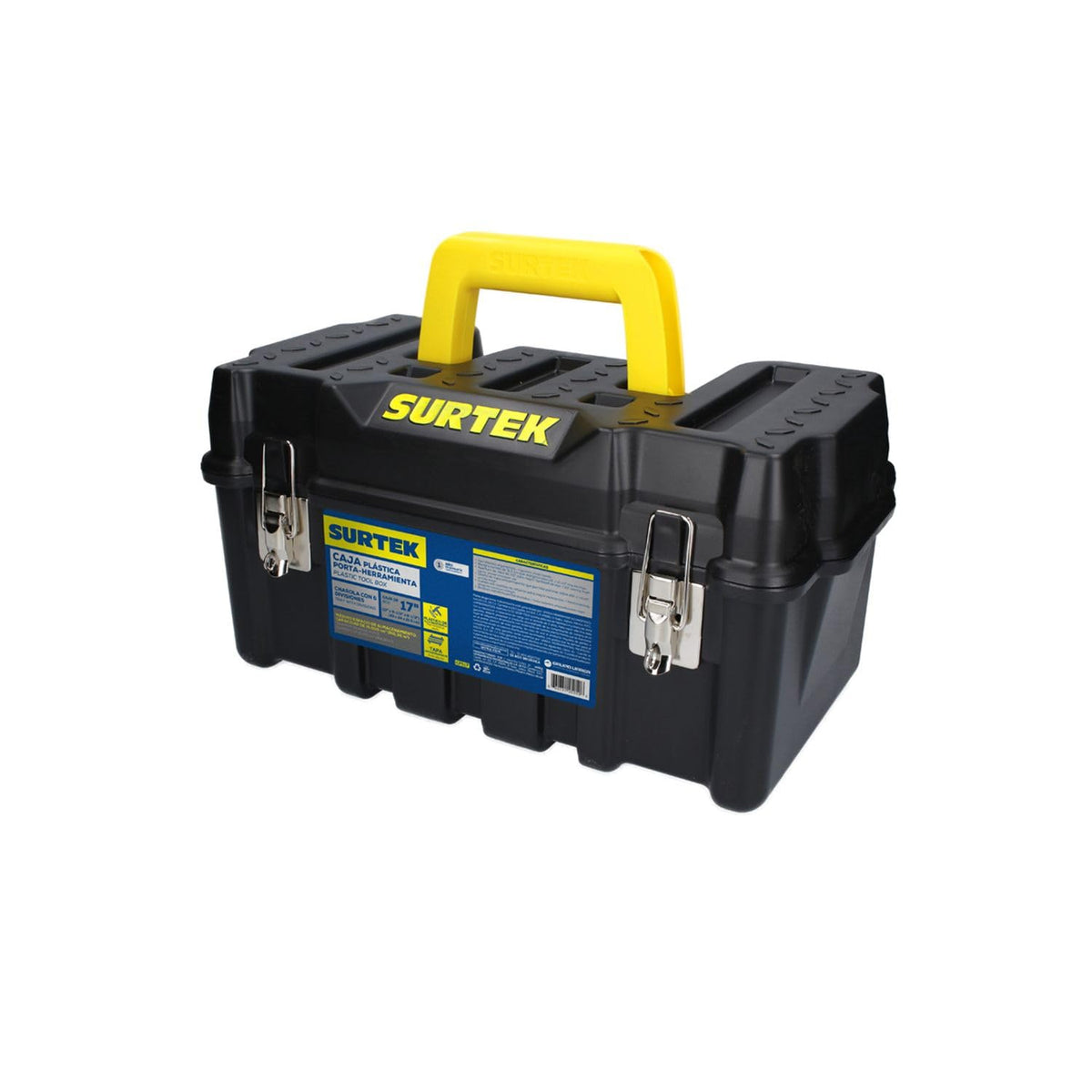 Surtek Caja Portaherramientas Plástica con Broches Metálicos - 17" x 9" x 8" - Negro