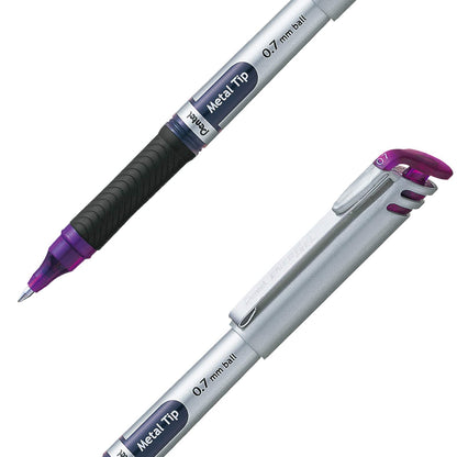 Pentel EnerGel Bolígrafo de Gel Líquido, Punto Fino, 0.7 mm, Cuerpo Plateado, Tinta Violeta, Caja con 12 Piezas, BL17-V