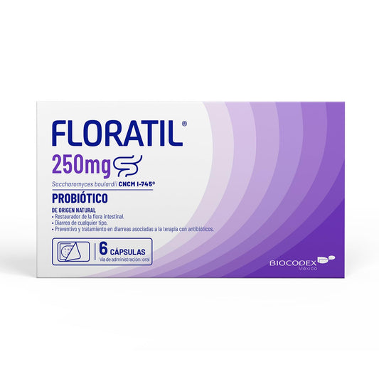 Floratil 6 capsulas 250mg probiótico de levadura de origen natural (Saccharomyces boulardii CNCM I-745) con 5 billones de probióticos. Restaura la microbiota (flora intestinal), previene y trata la diarrea.