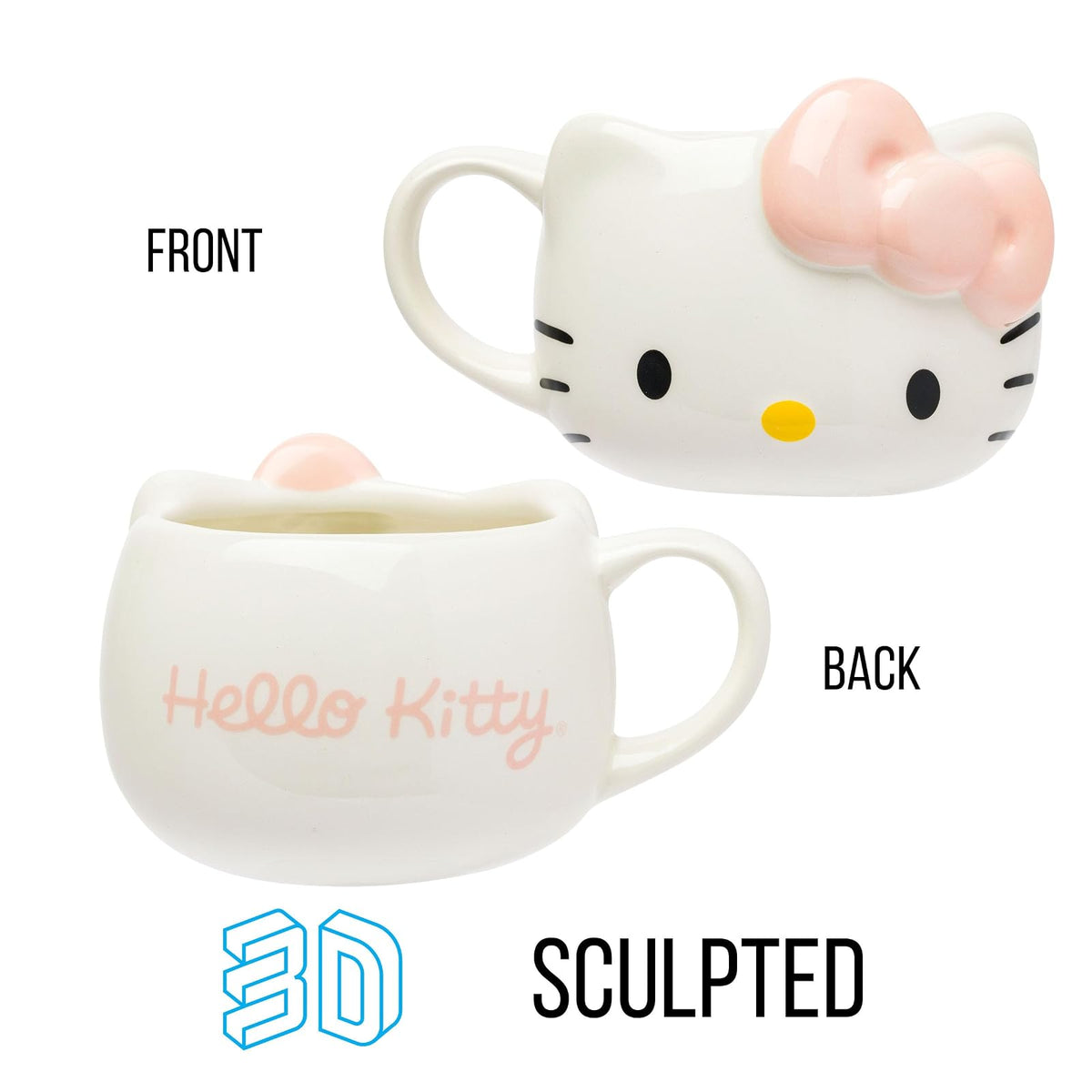 Silver Buffalo Hello Kitty - Taza esculpida 3D de cerámica con lazo de cara rosa claro