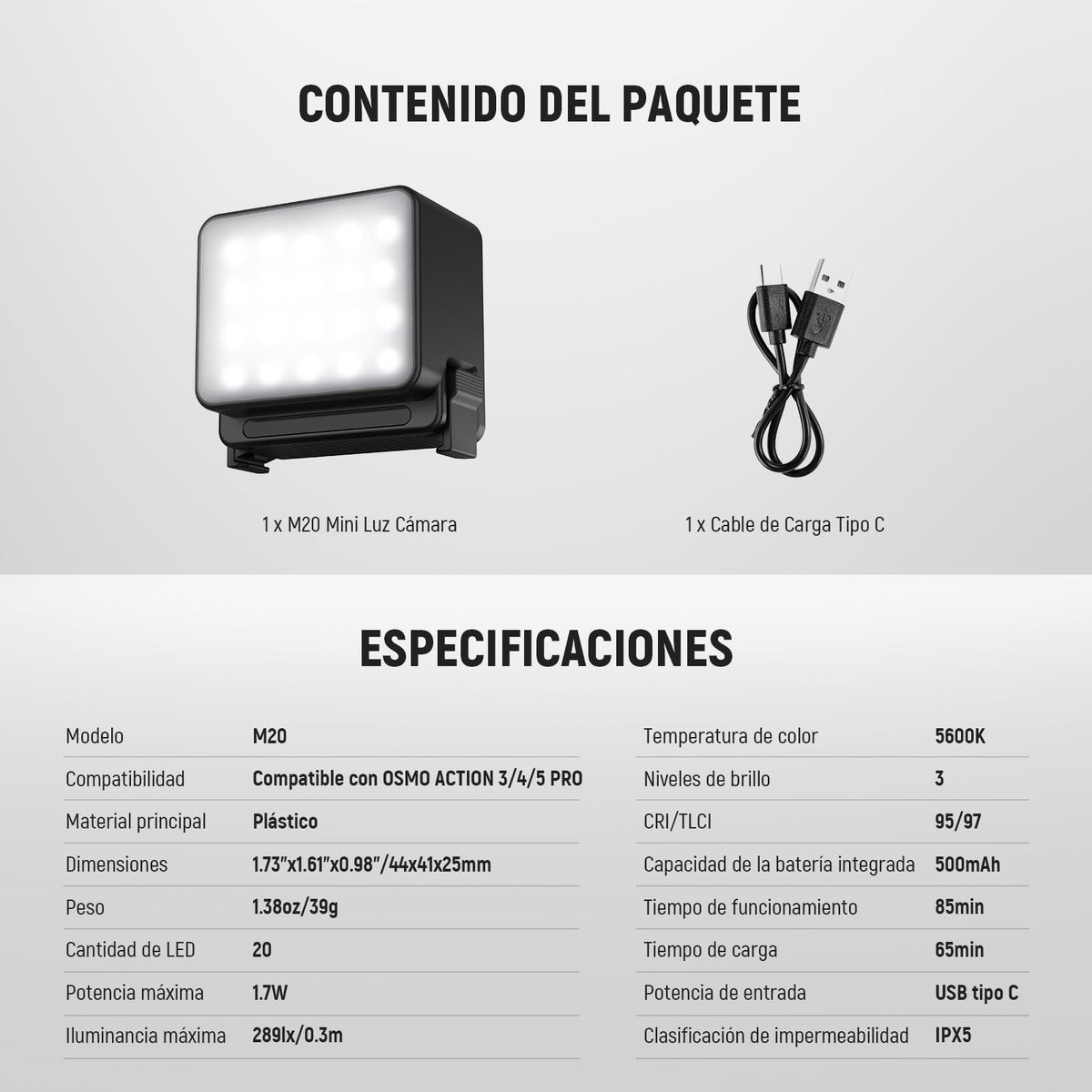 NEEWER BáSICO M20 Luz LED Magnética para Cámara Compatible con dji OSMO Action 3 4 5 Pro Cage AC009 Pro Pocket 3 Accesorios Adaptador Expansión, Mini Luz Relleno Plástico 5600K CRI95+