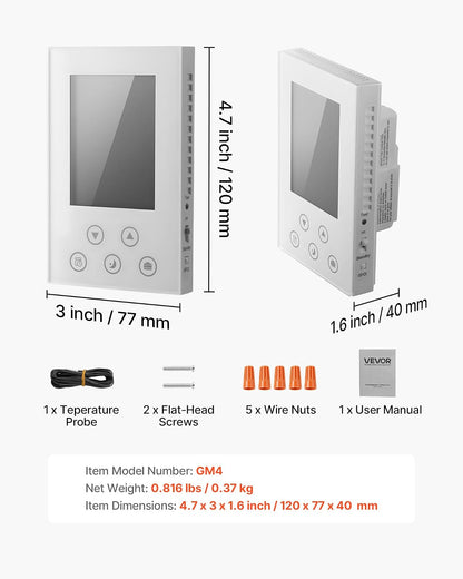 VEVOR Termostato programable de 7 días para calefacción por Suelo Radiante, Bomba de Calor, GFCI Integrado y Sensor Sensible, Pantalla LED retroiluminada, de bajo Consumo, Color Blanco.