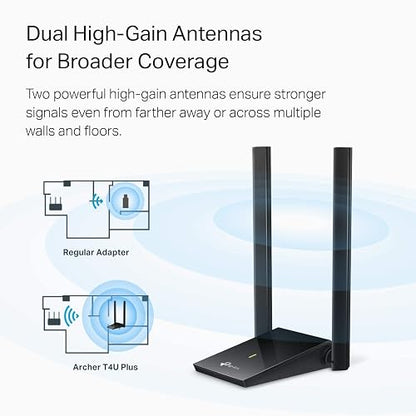 TP-Link Adaptador USB WiFi AC1300Mbps de Doble Banda 5dBi de Alta Ganancia Antena 2.4GHz/5GHz Adaptador de Red inalámbrico para PC de computadora (Archer T4U Plus) - Compatible con Windows 11/10, Mac