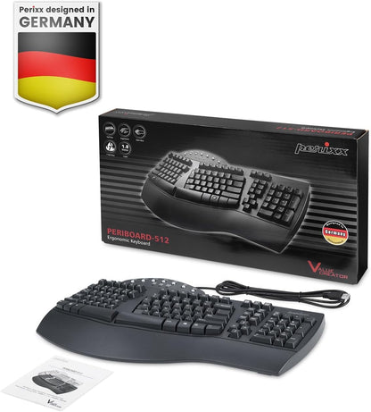 Perixx PERIBOARD-512B Teclado ergonómico con Cable - Teclado Dividido, reposamuñecas, Escritura Natural, conectividad USB con Cable - Inglés de EE. UU. - Negro