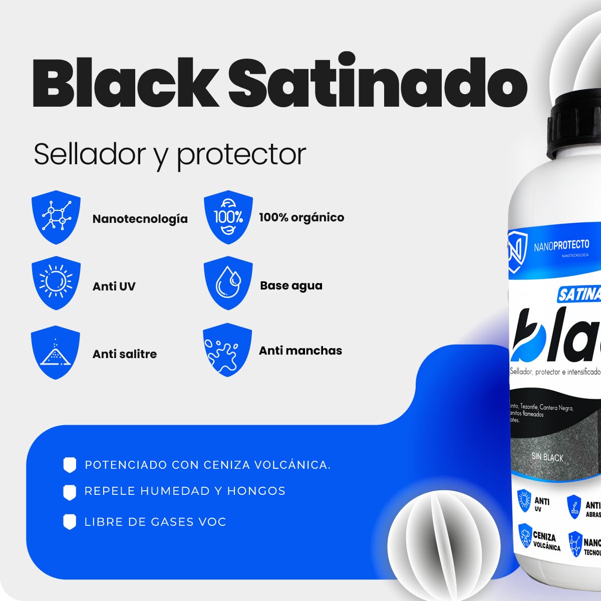 Nanoprotecto 776 SSBLS BLACK SATINADO Protector e intensificador para piedras negras, agregando un tono intenso húmedo. Ideal para recinto, tikul, granito negro flameado y slate. 1 Litro