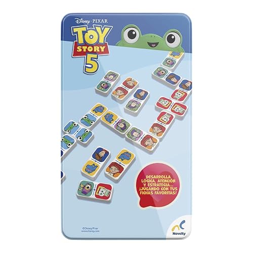 NOVELTY CORP Toy Story 5 Dominó Infantil Clásico, Fichas de Pasta con Personajes Ilustrados, Caja Metálica, Juego de Mesa Familiar y Educativo