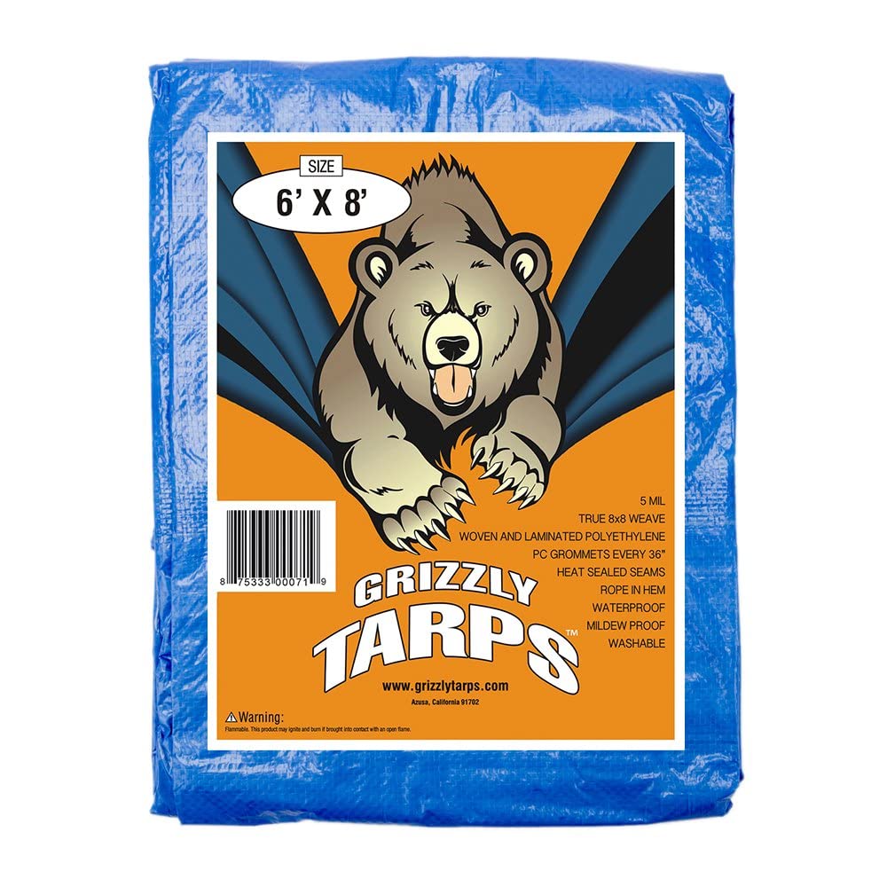 Grizzly Tarps GTRP68 6-Feet X 8-Feet Blue Multi-Purpose 6ml Cubierta impermeable de lona de polietileno con tienda de campaña Refugio Lona de camping by Grizzly Tarps