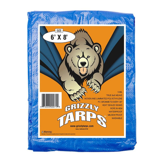 Grizzly Tarps GTRP68 6-Feet X 8-Feet Blue Multi-Purpose 6ml Cubierta impermeable de lona de polietileno con tienda de campaña Refugio Lona de camping by Grizzly Tarps