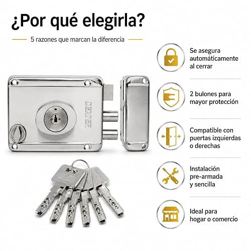 Dexter 6772 Cerradura de Sobreponer (Chapa de Parche) Automática de Llave de Alta Seguridad, Mecanismo de Barras