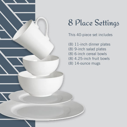 Mikasa Delray - Juego de vajilla blanca de 40 piezas, servicio para 8, platos de porcelana duraderos, cuencos y tazas, apto para lavaplatos y microondas