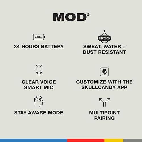 Audífonos Skullcandy Mod In-Ear Inalámbricos, 34 Horas de Batería, Micrófono, Compatibles con iPhone, Android y Dispositivos Bluetooth, Negro