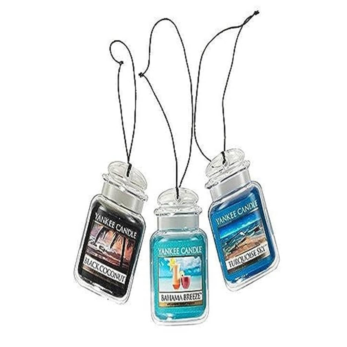 Yankee Candle - Ambientadores colgantes para automóvil, paquete de 3 unidades, neutraliza olores hasta 30 días, incluye: 1 Bahama Breeze 1 coco negro y 1 cielo turquesa