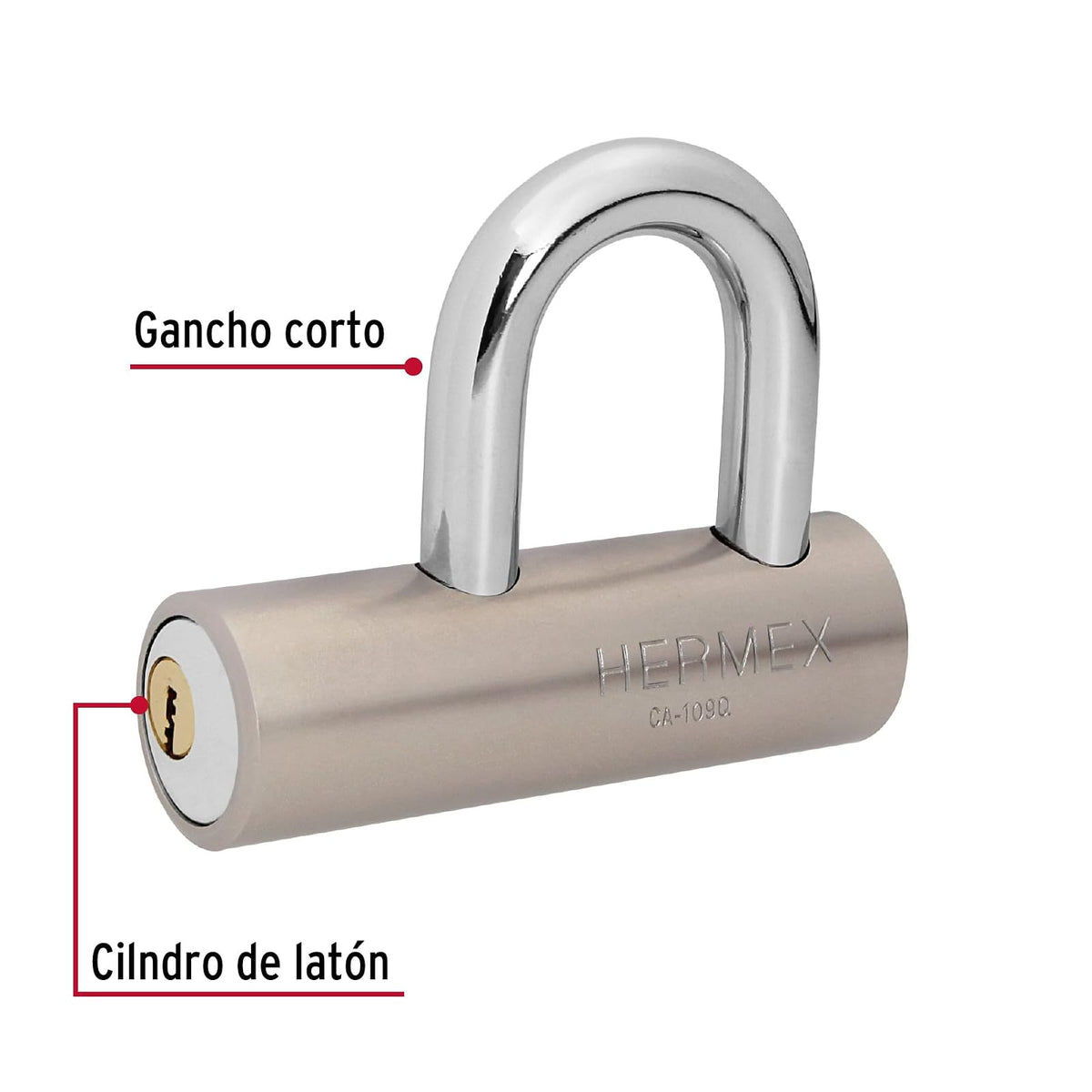 Hermex CA-109Q, Candado de acero, 109mm, gancho corto, llave de puntos