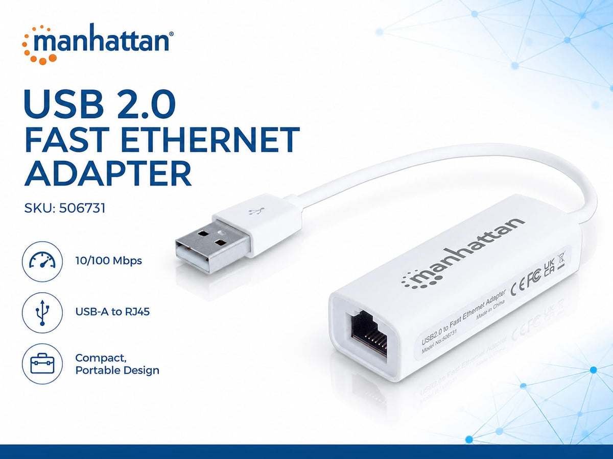 Manhattan Adaptador USB a Ethernet RJ45 10/100 Mbps, Cable Red USB, Instalación Automática, Compatible con Laptop y PC, Bajo Consumo 506731