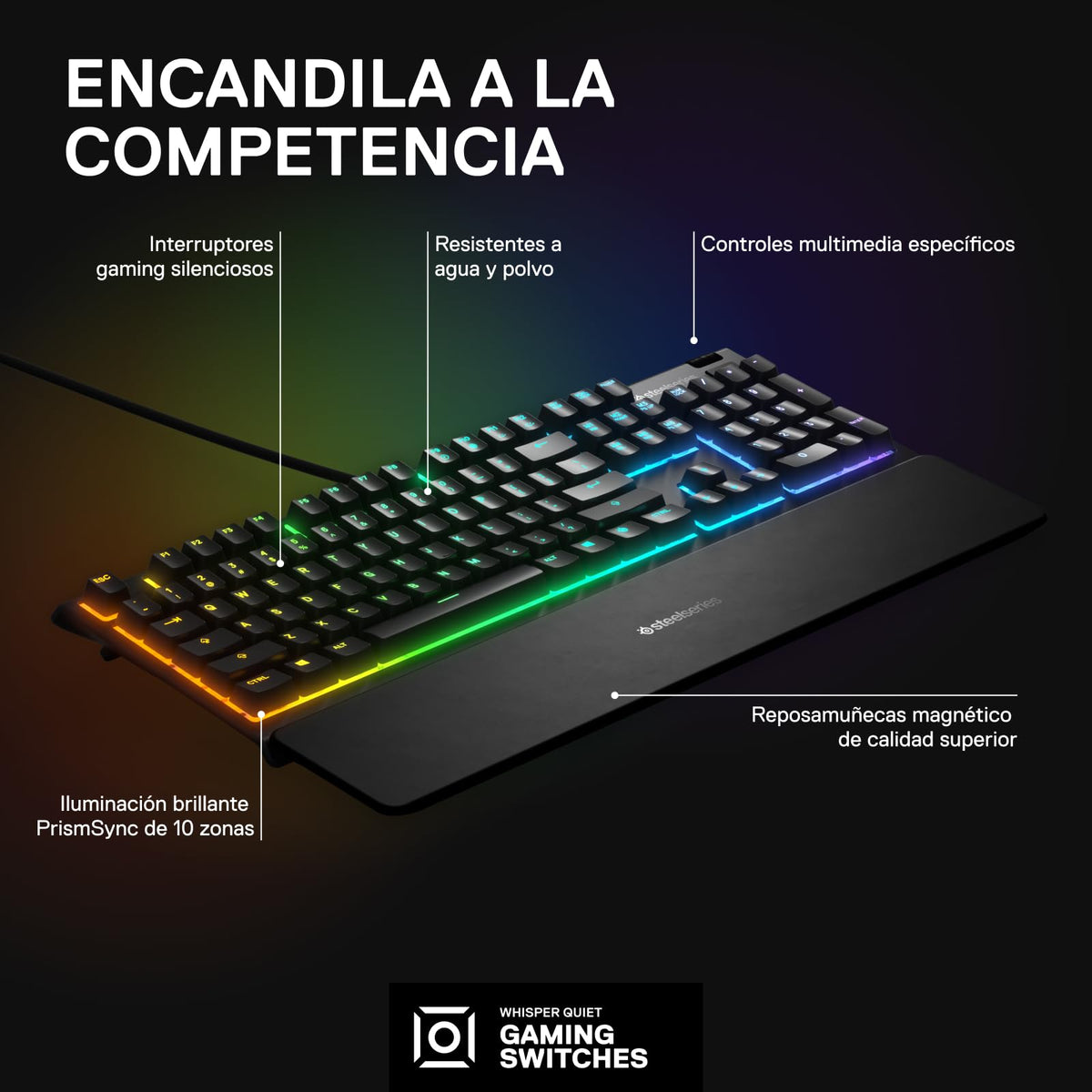 SteelSeries Apex 3 RGB Teclado para Juegos – Iluminación RGB de 10 Zonas – Resistente al Agua IP32 – Reposamuñecas magnético Premium (Interruptor silencioso para Juegos) – SP (español)
