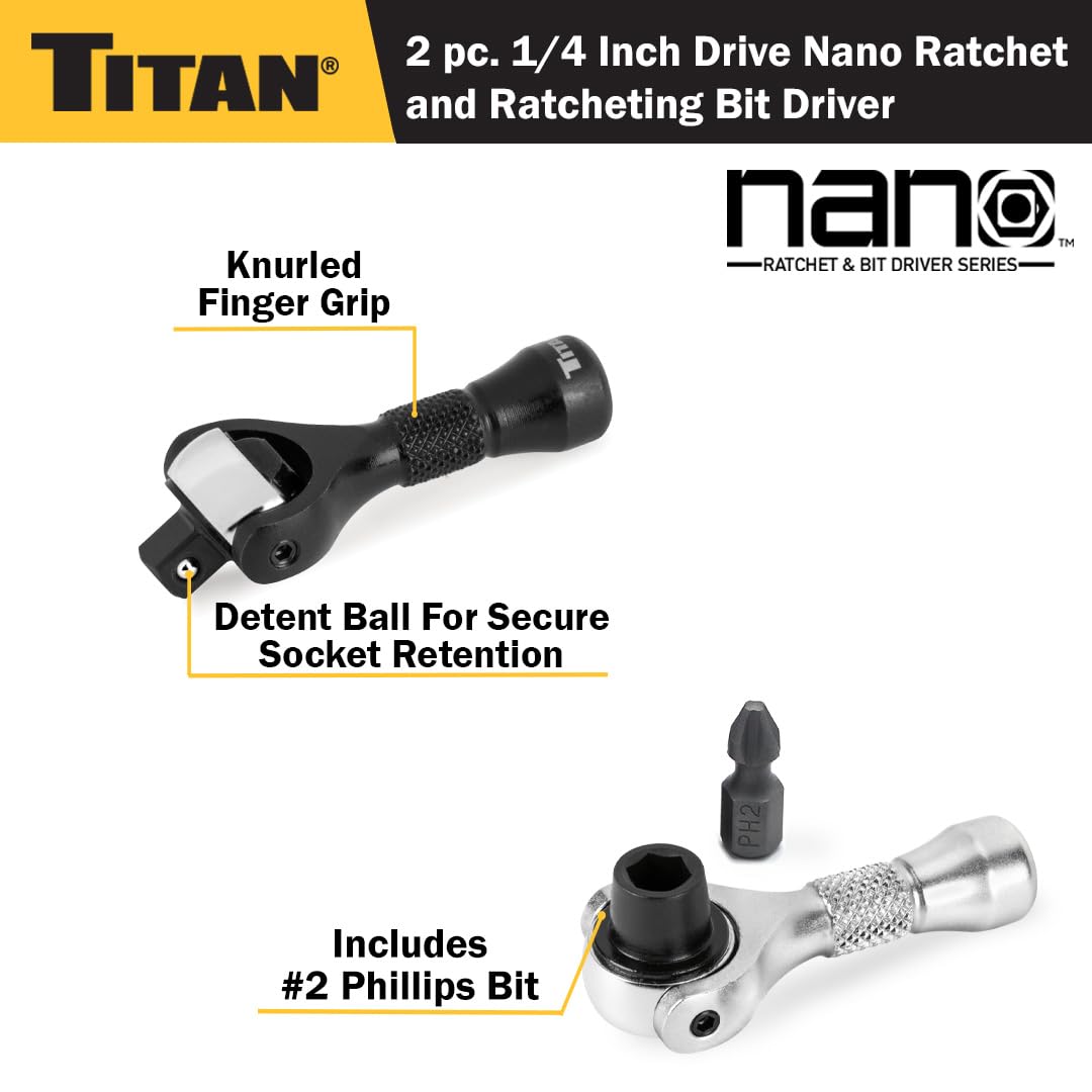 Titan 11332 Juego de 2 piezas: matraca nano de 90 dientes y destornillador de brocas con cabeza giratoria, cuadro de 1/4 pulgadas x 2-1/4 pulgadas (6.35 mm x 57.15 mm)