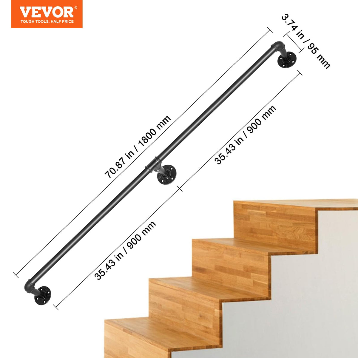 VEVOR - Pasamanos para escaleras de tubo, pasamanos para escaleras de 6 pies, capacidad de carga de 420 libras, pasamanos de tubería industrial con soporte de montaje en pared, barandillas de pared de
