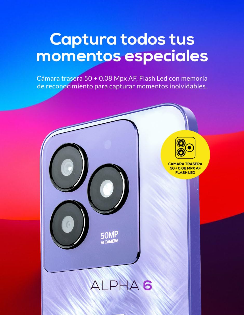 Lanix Alpha 6 Morado + XPocket, Smartphone, 6.67" HD+, 256GB, 8GB RAM, UNISOC T606, Android 15, 50MP, 5000mAh