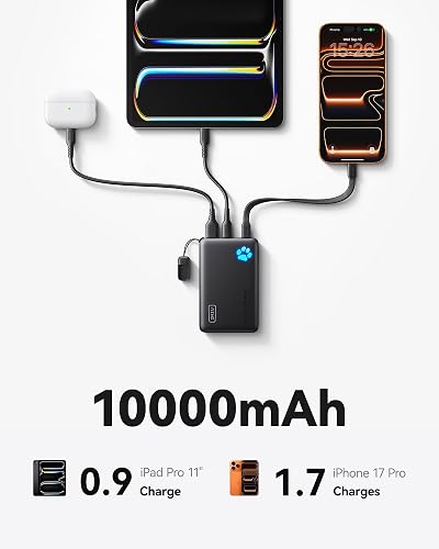 INIU Cargador portátil, Ultra Delgado de 45W de Carga rápida con Cable USB C Adjunto, batería de Banco de Potencia PD de 10000mAh Segura para vuelos, Cargador de teléfono Esencial para Viajes para