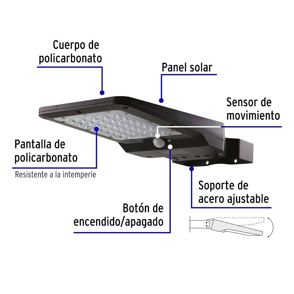 Volteck SUB-901L, Luminario suburbano LED 8 W con panel solar, luz blanca fría 6500K, IP 65, color negro