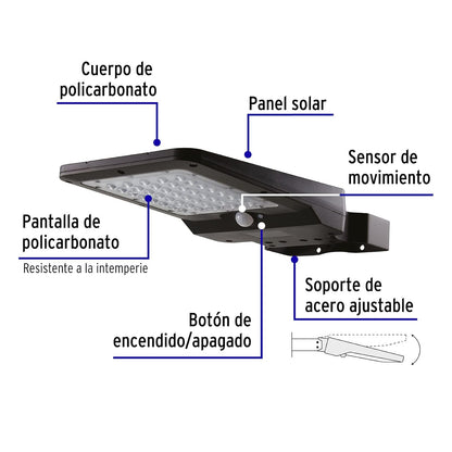 Volteck SUB-901L, Luminario suburbano LED 8 W con panel solar, luz blanca fría 6500K, IP 65, color negro