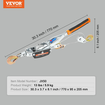 VEVOR Cabrestante de Trinquete Manual Tracción Carga Máxima de 5 T Cable de 3,5 m con 3 Ganchos Herramienta de Tracción con Dos Engranajes para Mover Barcos, Artículos, Transportar Troncos