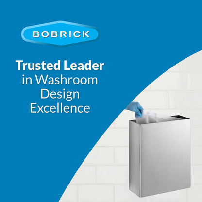 Bobrick Receptáculo de residuos montado en superficie, capacidad de 6.4 galones, acero inoxidable satinado, diseño de parte superior abierta con forro de vinilo extraíble, 14 pulgadas de ancho x 18