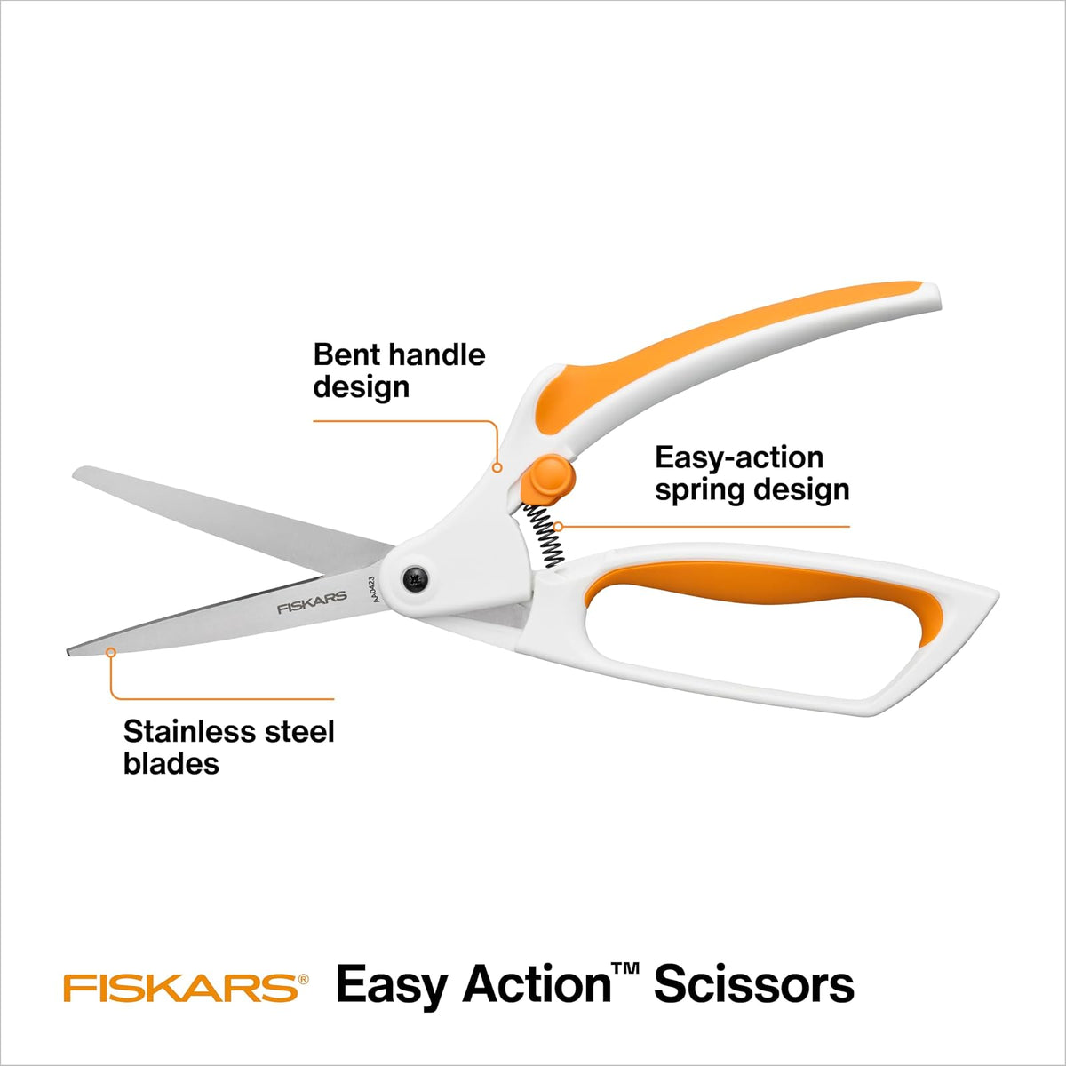 Fiskars - Tijeras de tela de fácil acción, cuchillas de acero inoxidable para cortes de precisión, mango doblado asistido por resorte