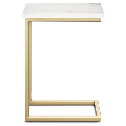 SIMPLIHOME Skyler - Mesa Auxiliar de Metal de 18 Pulgadas de Ancho en Blanco y Dorado, en Forma de C con Parte Superior de mármol Genuino para Sala de Estar, recámara u Oficina en casa