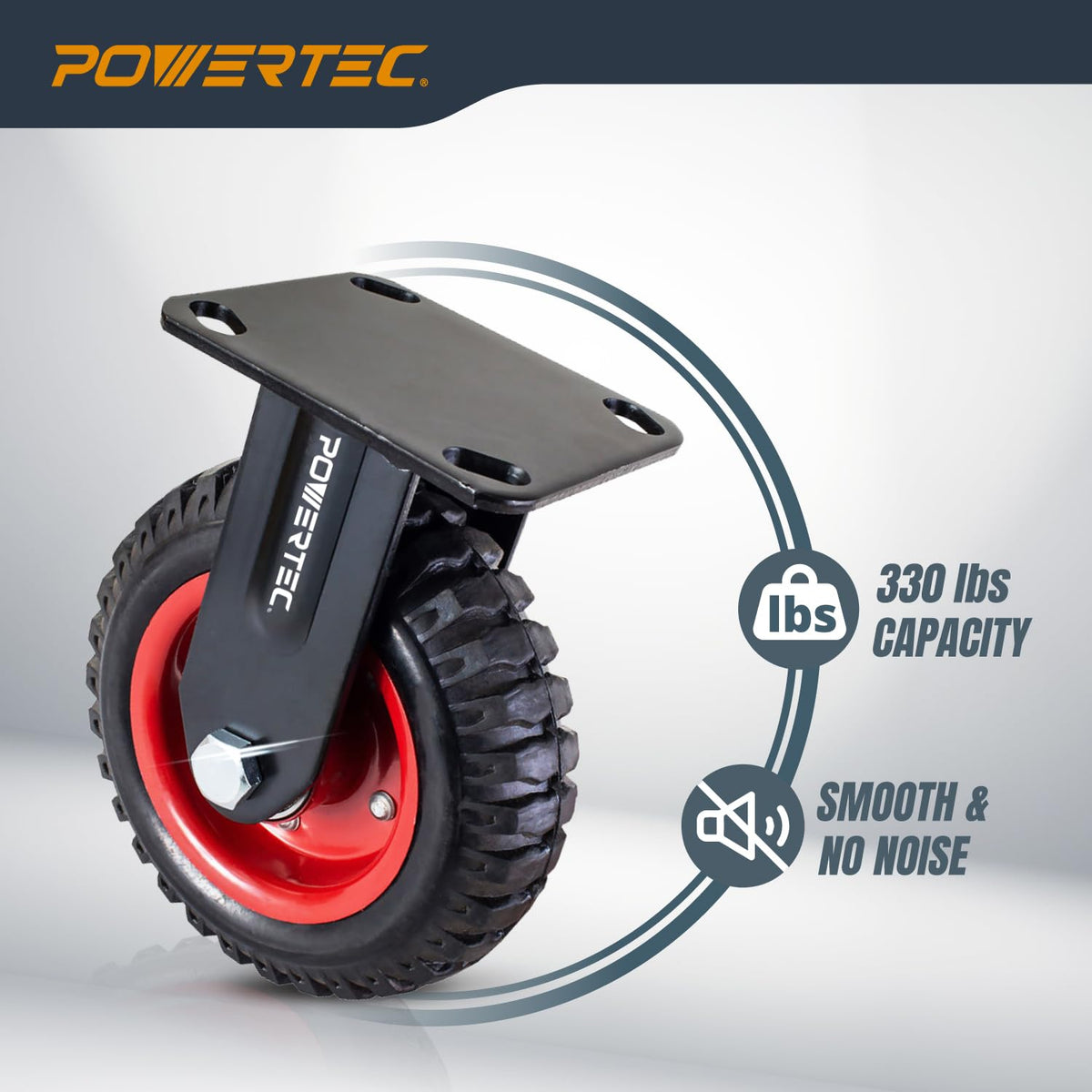 POWERTEC Ruedas Giratorias Fijas Placa 6 Pulgadas | Ruedas Grandes, Resistente Goma Banda Rodadura, Capacidad 350 lbs, Yugo Acero