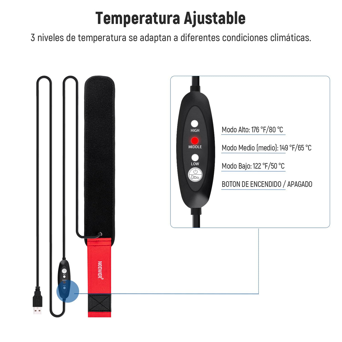 NEEWER - Calentador de Lente USB, 300 mm para cámara DSLR y telescopio, 3 ajustes de regulador de Temperatura, Tira de Calentador de rocío Evita rocío, Niebla y condensación para cámara de telescopio