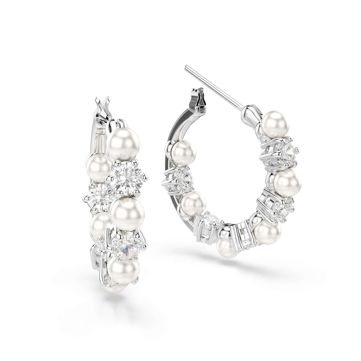 Swarovski Aretes Matrix, Perla de cristal, Talla redonda, Blancos, Baño de rodio