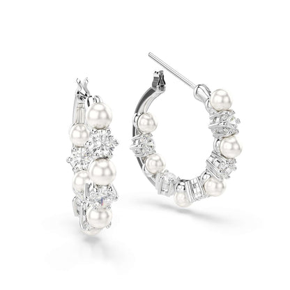 Swarovski Aretes Matrix, Perla de cristal, Talla redonda, Blancos, Baño de rodio