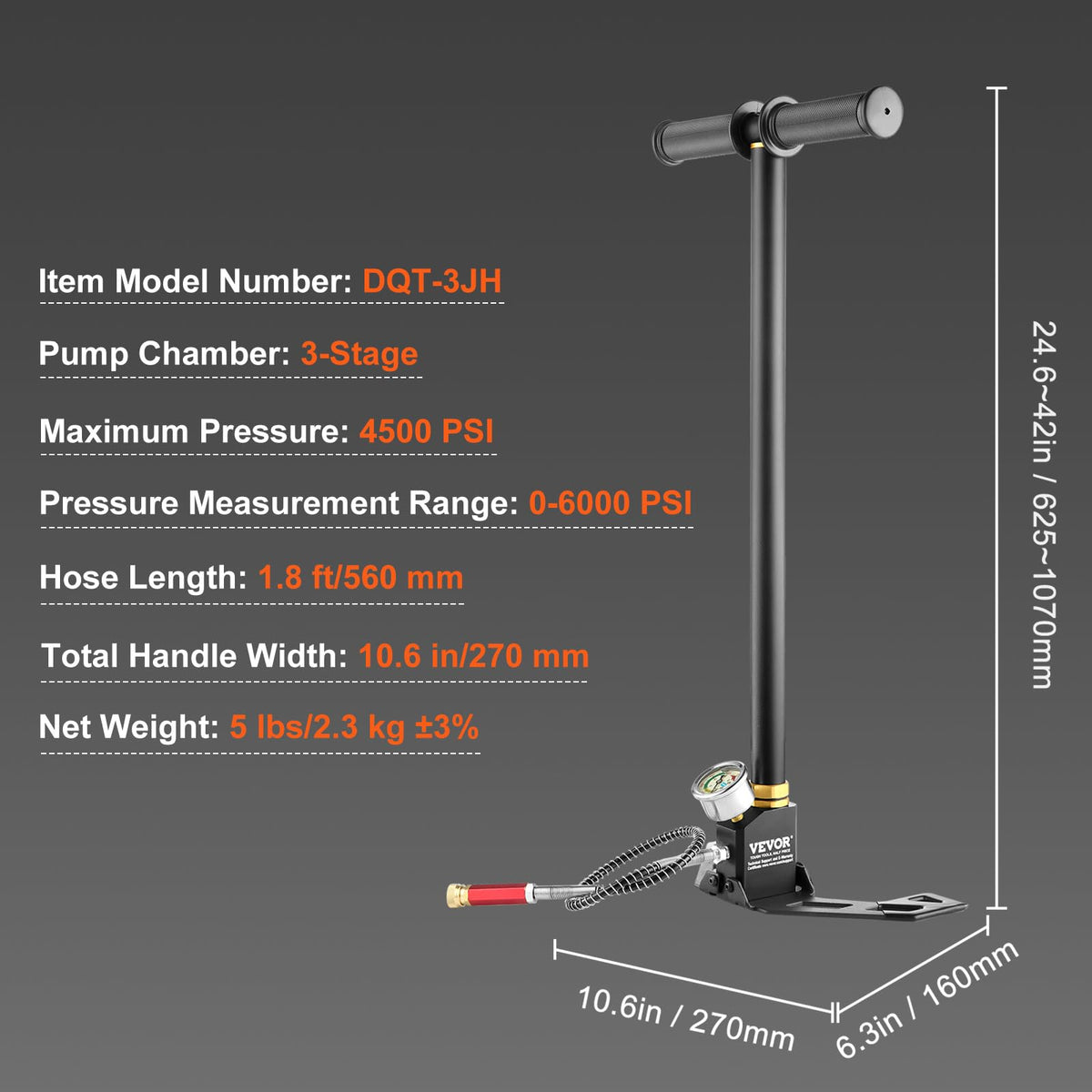 VEVOR 4500PSI Inflador de Aire Inflador de Bomba de Mano 310BAR，Bomba Manual de Alta Presión, 3 Etapas hasta 4500 PSI, Bomba de Mano de Alta Presión para Neumáticos y Pistolas Neumáticas Precargadas