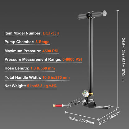 VEVOR 4500PSI Inflador de Aire Inflador de Bomba de Mano 310BAR，Bomba Manual de Alta Presión, 3 Etapas hasta 4500 PSI, Bomba de Mano de Alta Presión para Neumáticos y Pistolas Neumáticas Precargadas