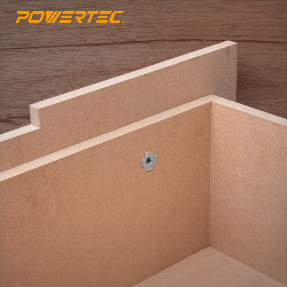 POWERTEC - Tuercas de 1/4-20 T, 50 piezas | Tuercas en T de 4 puntas para pernos y ruedas de vástago, insertos roscados para trabajar en madera, soportes para escalada en roca y muebles, para uso con