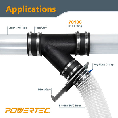 POWERTEC 70106 4-Inch Y-Fitting Dust Hose Connector