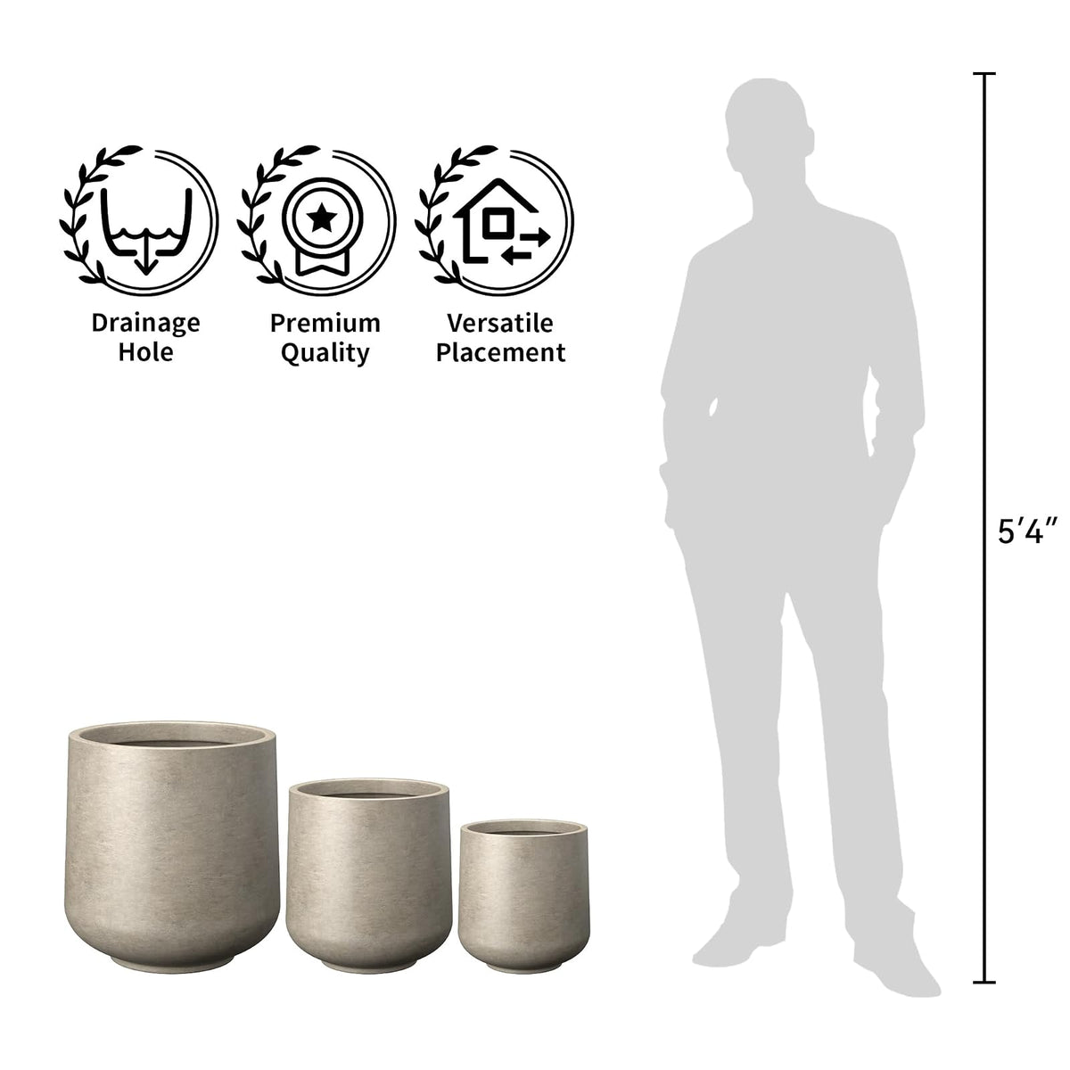 Kante - Macetero Redondo de hormigón de 15.3 Pulgadas de diámetro, para Interiores y Exteriores, con Orificio de Drenaje y tapón de Goma para el hogar, jardín, Patio, hormigón Pulido