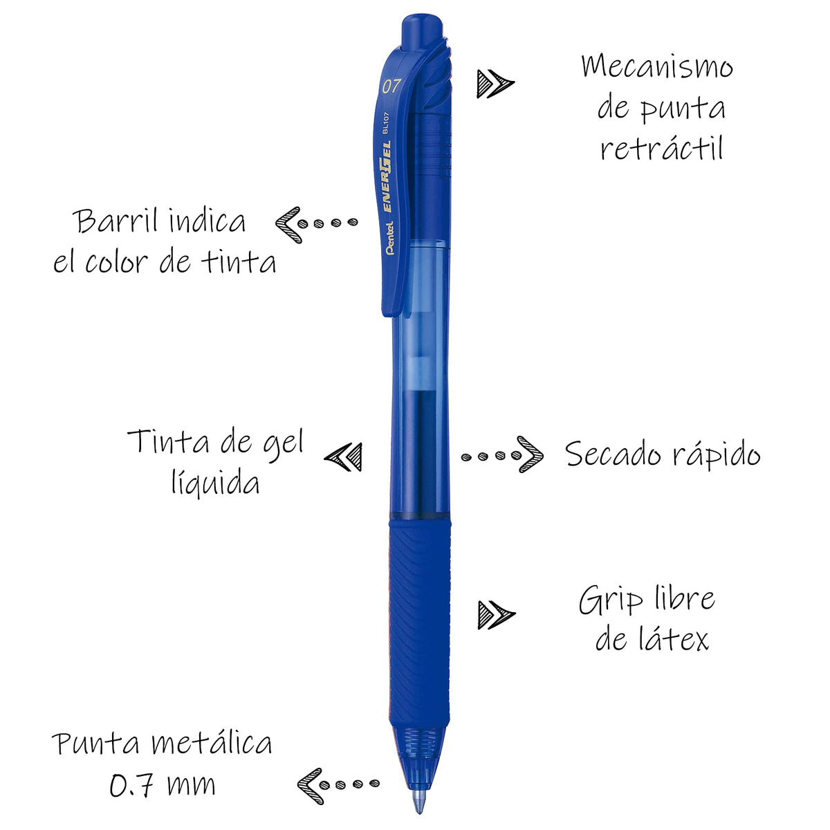 Bolígrafo Tinta Gel EnerGel-X Retráctil 0.7mm Tintas Varios Colores Docena Mixta BL107-M