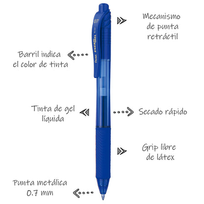 Bolígrafo Tinta Gel EnerGel-X Retráctil 0.7mm Tintas Varios Colores Docena Mixta BL107-M