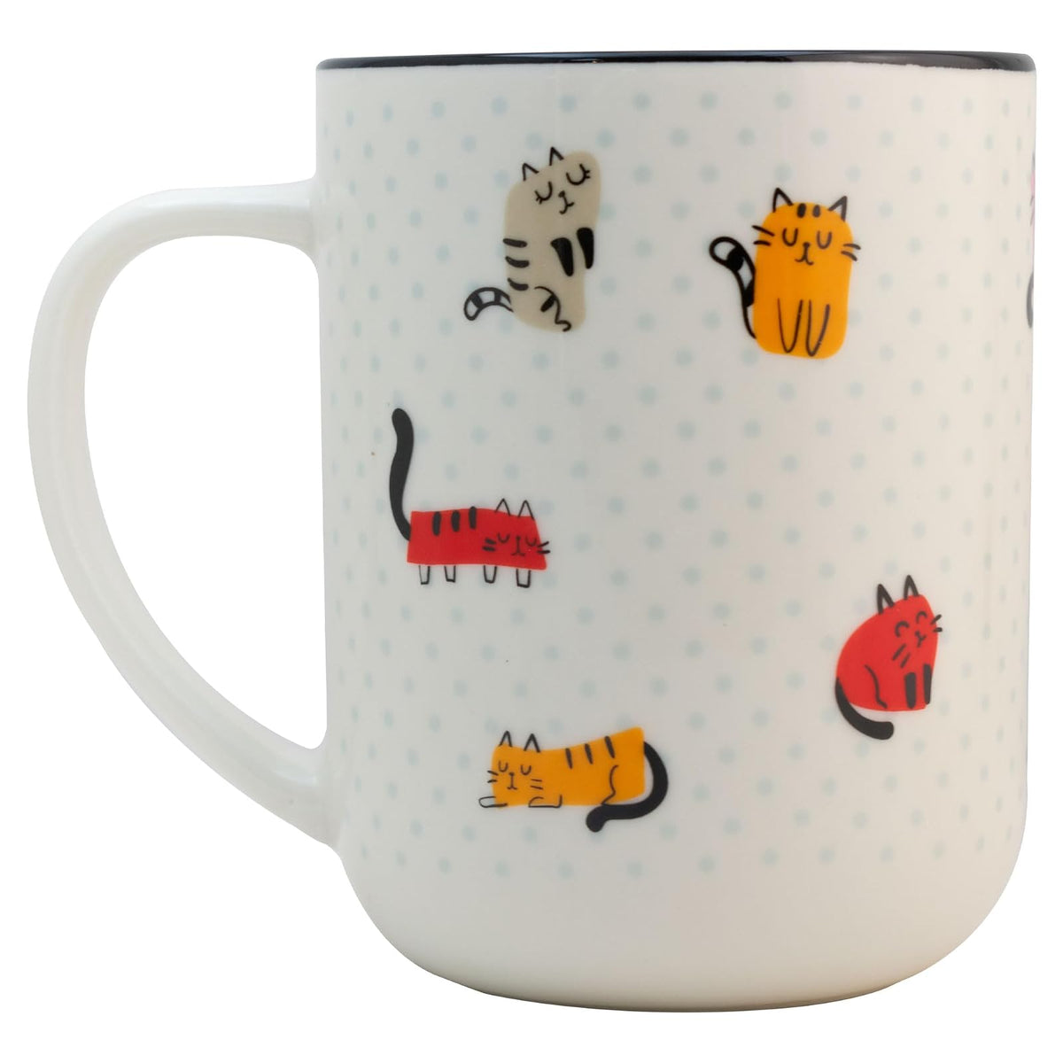 Tarro con borde negro con tematica de gatitos capacidad 620ml, taza para cafe, té, leche.