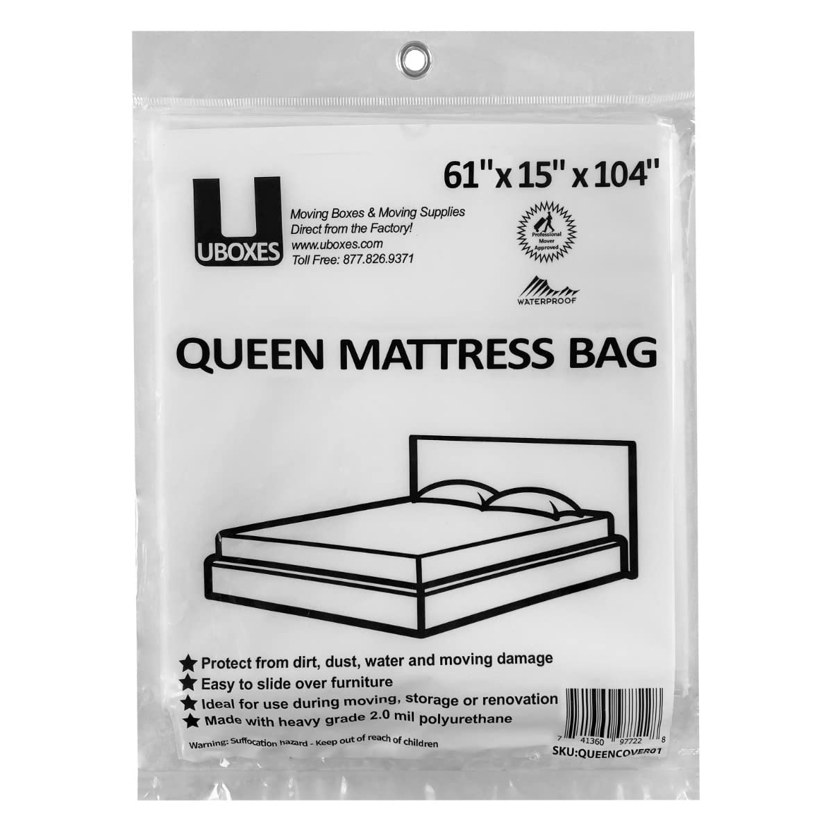 uBoxes Queen - Fundas de colchón de poliéster, 61 x 15 x 104 pulgadas, resistente, 2 mil, 1 paquete (Queencover01), plástico transparente